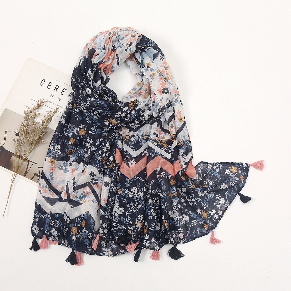 Women scarf bohemian ethnic style navy blue color cotton and linen scarf